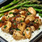 Chestnut Mushroom Chicken Alfredo with Asparagus and Rice