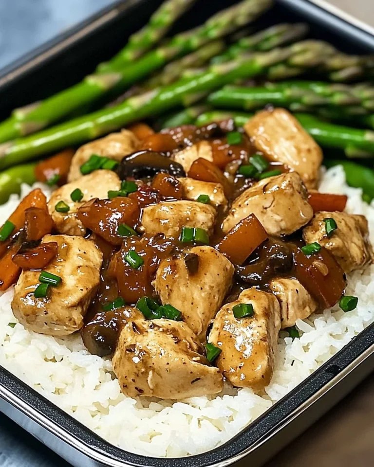 Chestnut Mushroom Chicken Alfredo with Asparagus and Rice