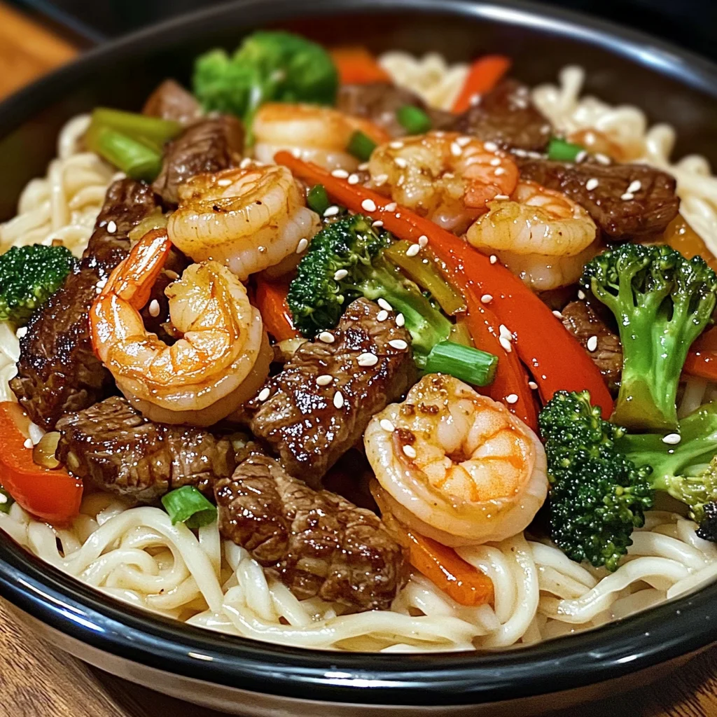 Garlic Butter Steak and Shrimp Noodles