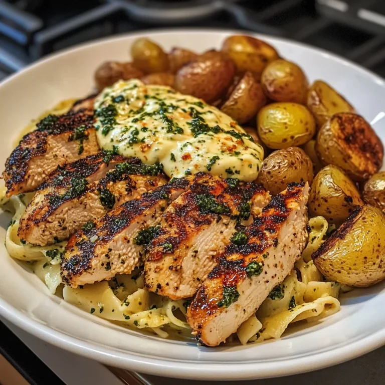 Greek Chicken Alfredo with Garlic Potatoes and Pesto