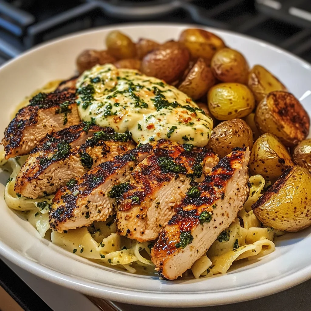 Greek Chicken Alfredo with Garlic Potatoes and Pesto