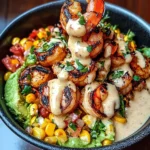 Grilled Shrimp Bowl with Avocado, Corn Salsa & Creamy Sauce