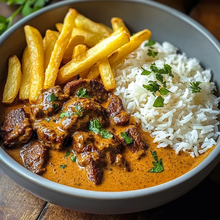 Coconut-Infused Beef Curry with Fries and Rice
