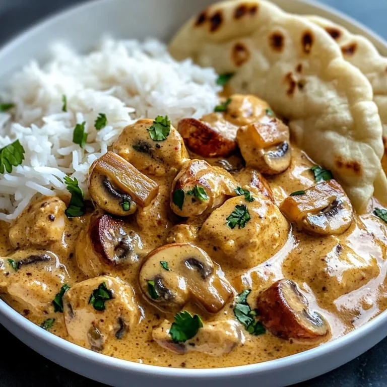Creamy Chicken Curry with Golden Mushrooms, Rice & Warm Naan