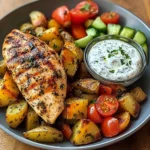Herb Chicken with Roasted Potatoes, Tomato Salad & Yogurt Dip