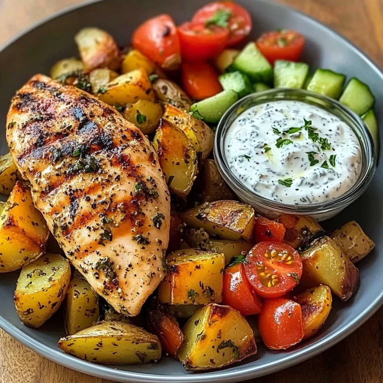 Herb Chicken with Roasted Potatoes, Tomato Salad & Yogurt Dip