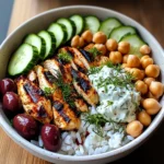 Mediterranean Grilled Chicken Bowl with Rice, Chickpeas & Tzatziki