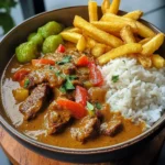 Slow-Cooked Beef Coconut Curry with Rice & Crispy Fries