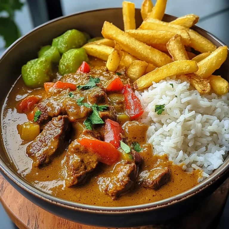 Slow-Cooked Beef Coconut Curry with Rice & Crispy Fries